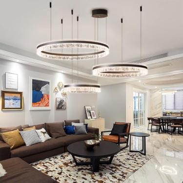 Imagem de Lustre moderno de alumínio com LED dimerizável e controle remoto, design elegante com anel marrom, luminária pendente grande para sala de estar, ajustável, redonda e em acrílico, ideal para