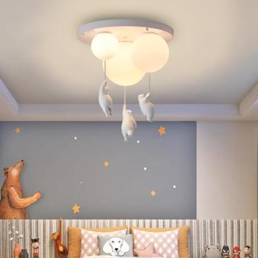 Imagem de Luminária de teto moderna para quarto, soquete E27, decoração de urso em resina, 3 lâmpadas, cúpula redonda em acrílico branco, luminária de teto criativa adequada para restaurante, quarto i
