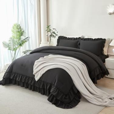 Imagem de ANGIYUIN Jogo de cama queen preto com 5 peças, cama de camada dupla com babados em uma bolsa, conjunto de edredom para mulheres e homens (Queen preto)