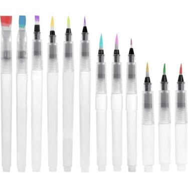 Imagem de Canetas pincel aquarela, recarregáveis, com ponta dupla, conjunto de pincéis de aquarela de ponta fina e plana para pintura de adultos, transparente (B-12 peças)