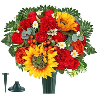 Imagem de Naramiji Flor de cemitério de seda para lápide, girassol artificial, rosa, cravo, margarida