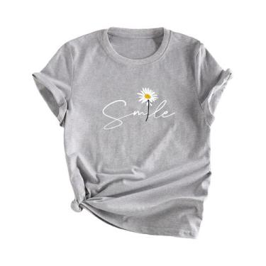 Imagem de Camiseta Feminina De Verão Com Estampa Floral E Letras, Gola Redonda, 