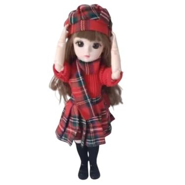 Imagem de Boneca Articulada com Roupa Xadrez Vermelha, Cabelo Castanho Longo, Saia e Boina, Estilo Fashion