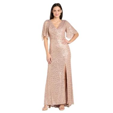 Imagem de R&M Richards Vestido longo com contas de ouro rosa com capelet transparente e fenda frontal, Rosa/ouro, 46