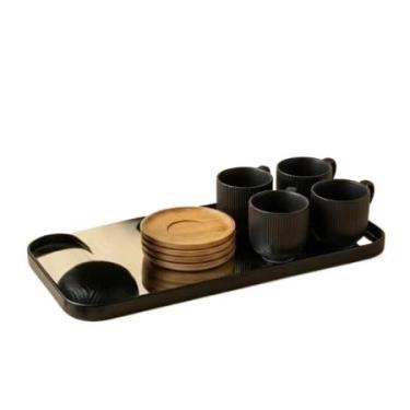 Imagem de Kit Cantinho do Café Premium com Bandeja Espelhada, Xícaras de Cerâmica Preta e Detalhes em Bambu – Elegante e Decorativo(Bandeja e conjunto 4 xicaras)