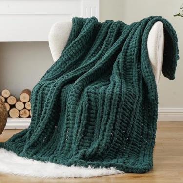 Imagem de Battilo Cobertor grosso de malha grossa, cobertor feito à mão com nó de crochê, manta de chenille verde de Natal super macio para decoração de Natal, decoração de casa, 127 x 60 cm
