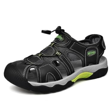 Imagem de Sandálias masculinas de bico fechado para uso ao ar livre - couro camurça, sola de borracha, respirável, anticolisão, antiderrapante, para caminhadas, praia, viagens, uso casual (preto, cinza, dourado