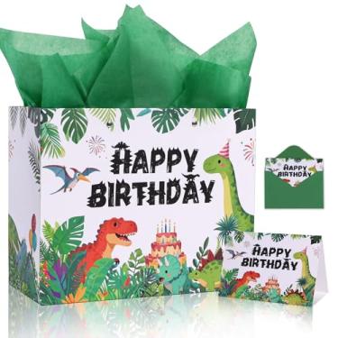 Imagem de Lednica Bolsa de presente de aniversário de dinossauro com papel de seda e cartão, bolsa de presente de aniversário, decoração de uma festa, conjunto de papel de embrulho