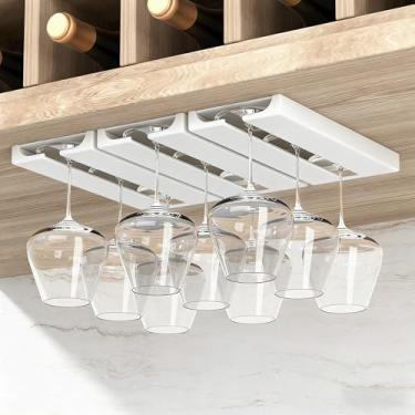 Imagem de Suporte de copo de vinho sem perfuração, suporte para pendurar embaixo do armário para taças de vinho, organizador de armazenamento que economiza espaço (branco)