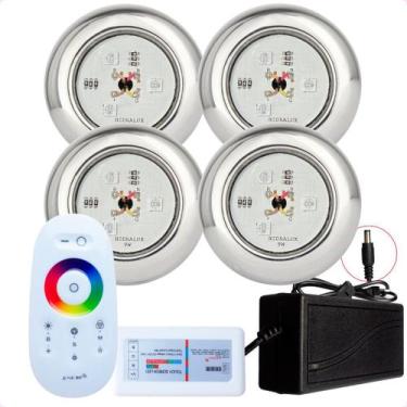Imagem de Kit 4 Refletores Led 9w RGB Inox S e Comando para Iluminação Piscina -
