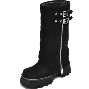 Imagem de TEAIEUI Botas femininas dobráveis, plissadas, largas, de panturrilha, plataforma grossa, adequadas para andar de moto rave, uso casual, Camurça preta, 37