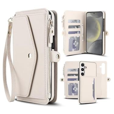 Imagem de Capa carteira para Samsung Galaxy S24 FE, capa flip magnética destacável com compartimentos para cartões, bloqueio RFID, suporte e alça de pulso, capa protetora para celular (damasco)