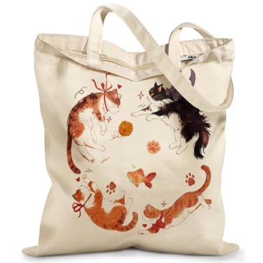 Imagem de Miss Adola Sacola feminina de lona – Lindas bolsas de lona com zíper design estético, sacolas reutilizáveis para compras, trabalho, viagens, férias diárias, quatro gatos