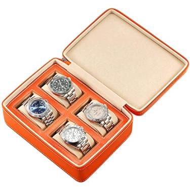 Imagem de Caixa organizadora de relógio portátil para homens e mulheres, 4 compartimentos, caixa de armazenamento de relógios, estojo de viagem, design com zíper, couro PU, enrolador de relógio D