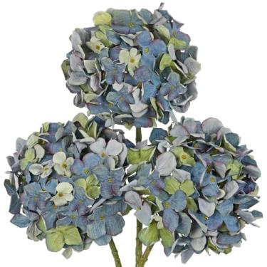 Imagem de Oairse Flores artificiais de hortênsia azul ardósia, 49,8 cm, secas, texturizadas, flores de hortênsia com hastes, 3 peças, buquê de flores falsas, flores artificiais, volume para mesa, casamento