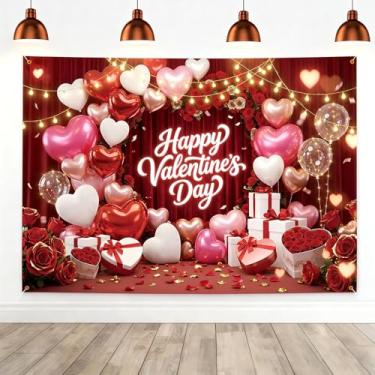 Imagem de Lednica Banner de fundo feliz dia dos namorados 189 × 109 cm em banners para decoração de festa, balões de corações vermelhos, cenários fotográficos rosa para cabine de fotos, aniversário, casamento