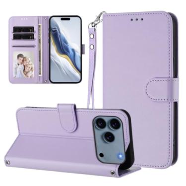 Imagem de Capa carteira para iPhone 17 Pro Max, capa fina de couro com compartimentos para cartões, alça de pulso e suporte, capa protetora à prova de choque para homens e mulheres (roxo claro)