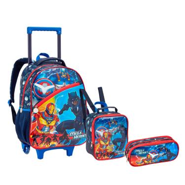 Imagem de Kit Escolar Masculino Heroes Seanite - Mochila com Rodinhas, Lancheira e Estojo