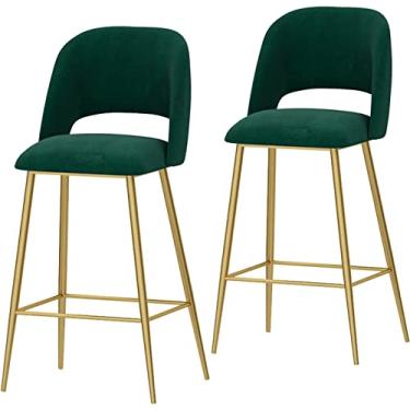 Imagem de Banquetas de bar conjunto de 2 bancos de bar com tecido de veludo acolchoado com encosto e pernas de metal preto banco de bar de cozinha cadeira de balcão de café da manhã HA