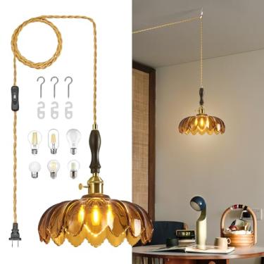 Imagem de BBLLWJ Luminária pendente de vidro moderna Tawny Plug in Retro Flower Glass Luminária suspensa de teto decorativa de latão dourado adequado para cozinha, ilha, quarto, sala de jantar, sala de estar