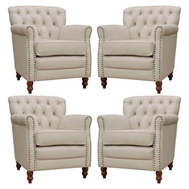Imagem de Kit 04 Poltronas Decorativas Sala de Estar Níger Pés Madeira Couro Off White - Gran Belo