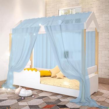 Imagem de Cama Jéssica Solteiro Branco Com Voal Azul E Led