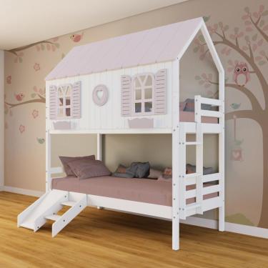 Imagem de Beliche Casinha Bela Com Coração Kit Escada-escorregador - Madeira Maciça Branco-rosa Megamobilia