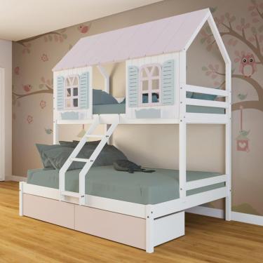 Imagem de Beliche Casal- Solteiro Casinha Bela 02 Gavetas Rosa - Madeira Maciça Branco-rosa-verde Megamobilia