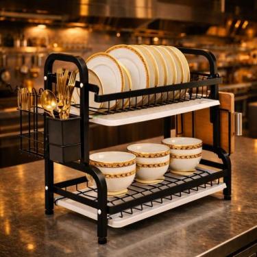 Imagem de Escorredor De Louça Preto Em Aço Inox Reforçado Com 2 Bandejas Coletor