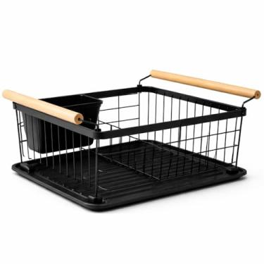 Imagem de BSMIX Escorredor de Louça Preto Fosco com Alças de Bambu Design Moderno para Uso Diário