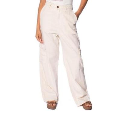 Imagem de Calça Feminina Max Denim Wide Leg Cargo Linho Off White-Feminino