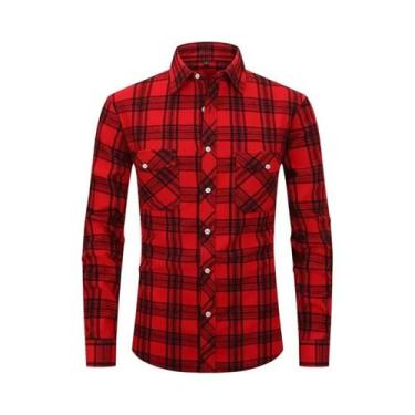 Imagem de Camisa Masculina De Manga Longa Em Algodão Escovado Xadrez Vermelho Eu