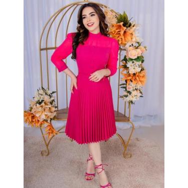 Imagem de Vestido Midi Saia Plisada com Cinto Manga Longa em Tule Festa Noiva - 