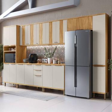 Imagem de Armário de Cozinha Modulada com Balcão e Tampo 16 Portas 3 Gavetas Nice Canelado 100% Mdf Amêndoa/Off White - Pnr Móveis