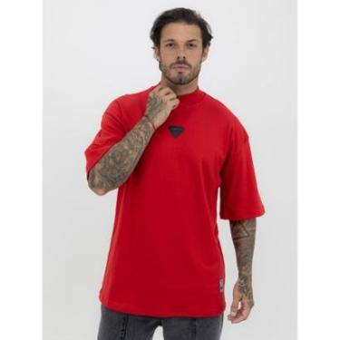 Imagem de Camiseta Oversized Gola Alta Borracha Triângulo All Black Streetwear Algodão Premium Vermelho-Masculino
