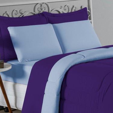 Imagem de Kit Edredom Dupla Face + Jogo De Lençol Solteiro Nobre 4 Peças Malha 100% Algodão - Roxo / Azul-bebê