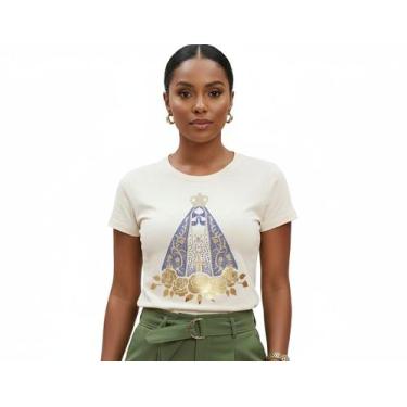 Imagem de T-Shirt Feminina Católica Nossa Senhora Aparecida Algodão Cores:BeigeT