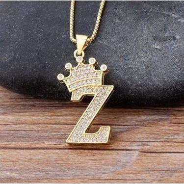 Imagem de Colar Pingente Inicial Dourado Strass Nome Brilhante Coroa - DCXAM