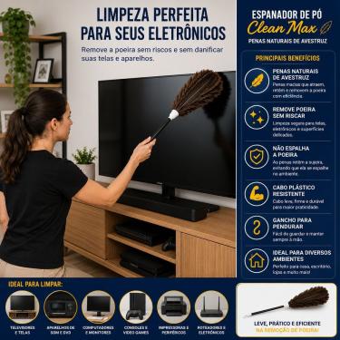 Imagem de Espanador de Pó Clean Max Remove Poeira sem Riscar Penas Naturais de Avestruz e Plástico com Gancho para Pendurar Ideal