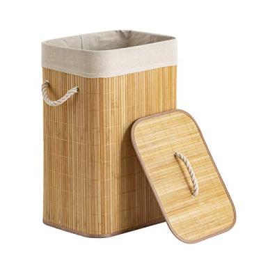 Imagem de MHKanS Cesto de lavanderia com tampa cesto de armazenamento de roupas sujas de bambu com alça de corda e forro removível retangular cesto de roupa suja para banheiro, quarto, sala de estar (estilo 1)