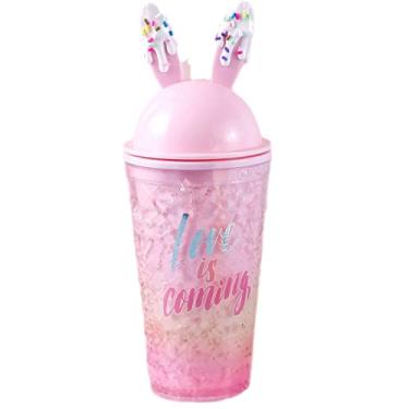 Imagem de seelucky Copo de viagem para sorvete com canudo para festa de menina, copo para beber suco Boba Bubble xícara de chá (coelho gelado rosa, 450 ml)