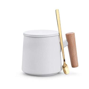 Imagem de Canecas de café de cerâmica, canecas, copos de chá de escritório e casa, grande capacidade de 400 ml com tampa e colher de café, aniversário presentes de casa quente para casa nova, vem com caixa de presente (branca)
