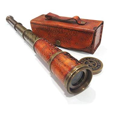Imagem de Telescópio de trabalho náutico antigo de latão/réplica de vidro em caixa de couro, com ótica de vidro, extensível até 40,64 cm, feito de latão puro, mira decorativa infantil