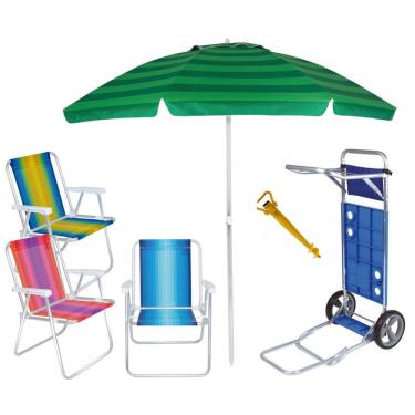 Imagem de Kit Praia Carrinho Com Avanço + 3 Cadeira Alumínio Alta + Guarda Sol 2m + Saca Areia - Mor