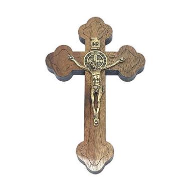 Imagem de Crucifixo Parede Medalha São Bento Madeira Moldada Pequeno 12 cm