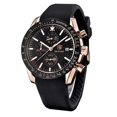 Imagem de BENYAR Relógios masculinos de quartzo, cronógrafo, moderno, de couro, pulseira analógica, data, 30 m, à prova d'água, luminoso, casual, esportivo, marca elegante, para homens, Silicone