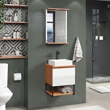 Imagem de Conjunto para Banheiro Gabinete Suspenso 40cm 1 Porta 1 Prateleira com Cuba e Espelheira com Led 1 Prateleira Orion Berton Cinamomo/branco