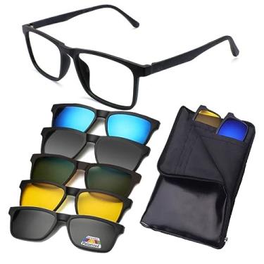 Imagem de Armação de Óculos para Grau + 5 Clip on Óculos Sol Masculino 6 Em 1 Magnético Polarizado Proteção UV Retangular Quadrado Redondo (9802 54-18-145)