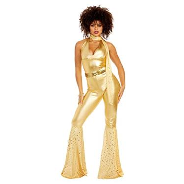 Imagem de Dreamgirl Fantasia feminina de discoteca dos anos 70, macacão dourado retrô adulto, fantasia de Halloween de raposa discoteca, Dourado, M