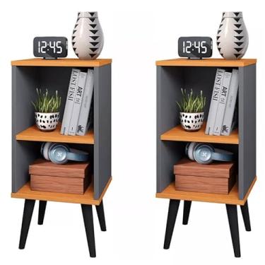 Imagem de Kit 2 Mesa De Cabeceira Charme Retrô Com Prateleira Moderna Cinza Cinamomo